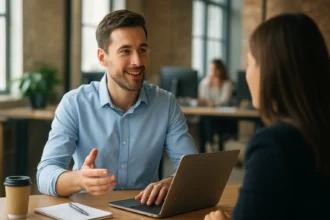 Muž diskutuje s kolegyňou v kancelárii, povzbudzujúca atmosféra.