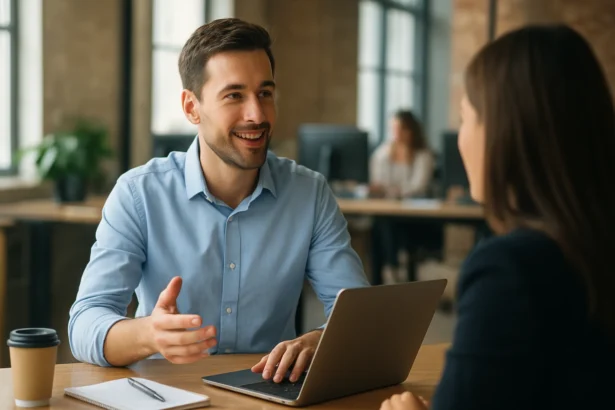 Muž diskutuje s kolegyňou v kancelárii, povzbudzujúca atmosféra.