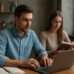 Muži pracujúci na notebooku a žena čítajúca knihu v modernom prostredí.