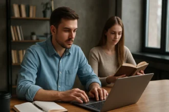 Muži pracujúci na notebooku a žena čítajúca knihu v modernom prostredí.