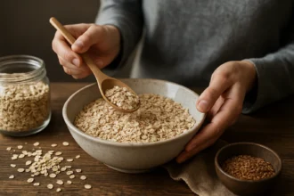 Ručná naberačka ľanových vločiek z misy na drevenom stole