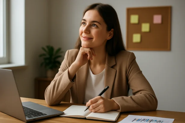 Žena premýšľa nad profesionálnymi cieľmi v kancelárii.