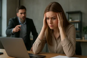 Žena za počítačom trpí stresom z toxického pracoviska.