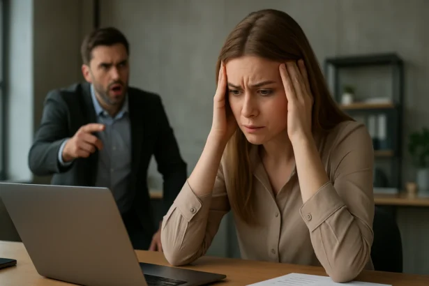Žena za počítačom trpí stresom z toxického pracoviska.