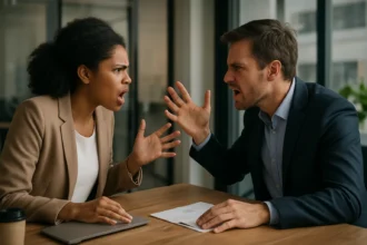 Pracovný konflikt medzi dvoma kolegami v kancelárii.