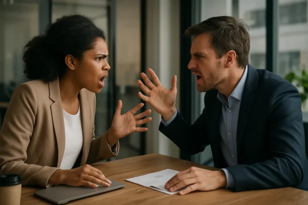 Pracovný konflikt medzi dvoma kolegami v kancelárii.