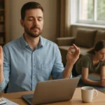 Muž meditujúci pri počítači zatiaľ čo žena cvičí na podložke.