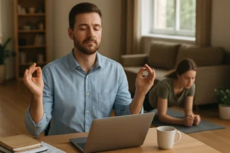 Muž meditujúci pri počítači zatiaľ čo žena cvičí na podložke.