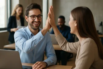 Kolegovia si navzájom dávajú 'high five' v kancelárii.