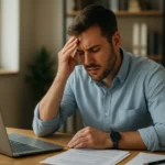 Muž trpiaci pracovným stresom so zlým pocitom pri stole.