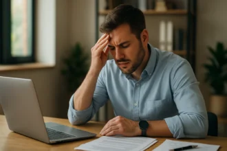 Muž trpiaci pracovným stresom so zlým pocitom pri stole.