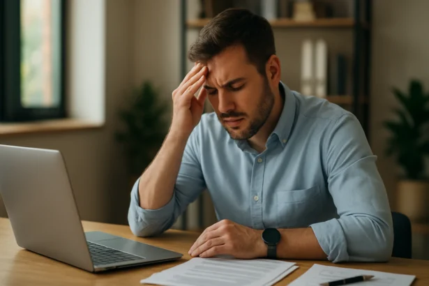 Muž trpiaci pracovným stresom so zlým pocitom pri stole.