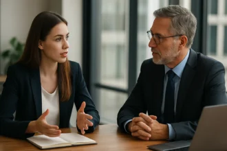 Žena prednáša šéfovi v kancelárii počas pracovného stretnutia.