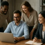 Tímová práca: štyria profesionáli sa spolu zameriavajú na projekt.