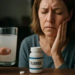 Žena s bolesťou zubov a flórovým liekom na stole.