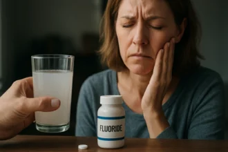 Žena s bolesťou zubov a flórovým liekom na stole.