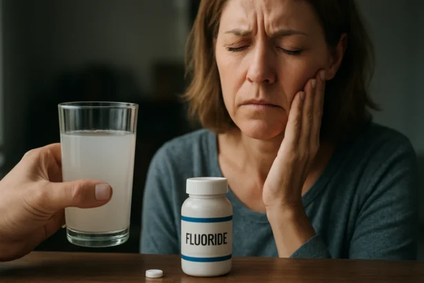 Žena s bolesťou zubov a flórovým liekom na stole.