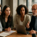 Skupina pracovníkov diskutuje o generačných rozdieloch na pracovisku.