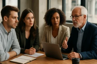 Skupina pracovníkov diskutuje o generačných rozdieloch na pracovisku.