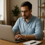 Mladý muž pracujúci na laptopu z domova ako freelancer