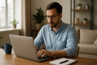 Mladý muž pracujúci na laptopu z domova ako freelancer