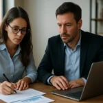 Žena a muž diskutujú o podnikaní s dokumentmi a laptopom.