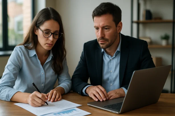 Žena a muž diskutujú o podnikaní s dokumentmi a laptopom.