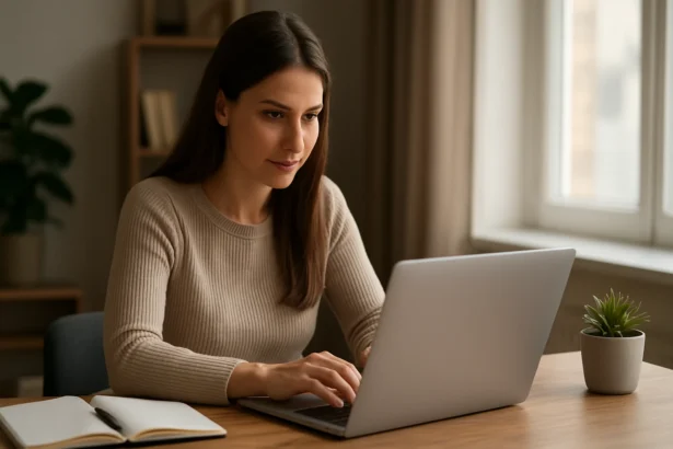 Žena pracujúca na laptopu pri stolíku s poznámkovým blokom.