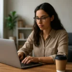 Žena pracujúca ako freelancer na laptope v modernom prostredí