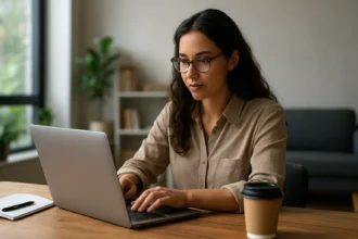 Žena pracujúca ako freelancer na laptope v modernom prostredí