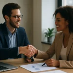 Dvojica profesionálov podáva ruku po úspešnom rokovaní.