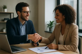 Dvojica profesionálov podáva ruku po úspešnom rokovaní.