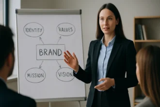 Žena predstavuje osobnú značku a jej základné prvky na školení.