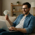 Muž s peniazmi na gauči pracuje na laptopových investíciách.