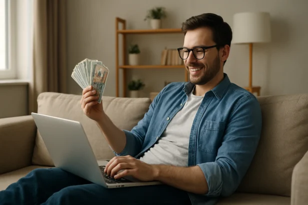 Muž s peniazmi na gauči pracuje na laptopových investíciách.