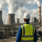 Pracovník v tepelnej elektrárni sleduje výrobné procesy a technológiu.