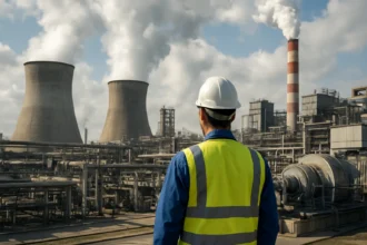 Pracovník v tepelnej elektrárni sleduje výrobné procesy a technológiu.