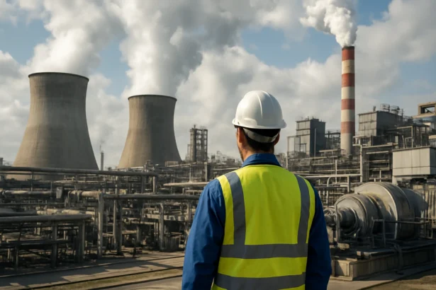 Pracovník v tepelnej elektrárni sleduje výrobné procesy a technológiu.