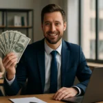 Muž v obleku s hotovosťou a laptopom v kancelárii