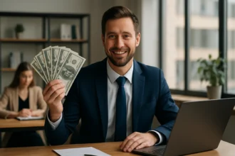 Muž v obleku s hotovosťou a laptopom v kancelárii