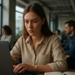 Mladá žena pracujúca na notebooku v modernom kancelárskom prostredí.