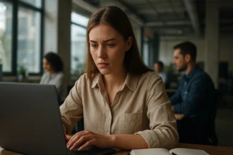 Mladá žena pracujúca na notebooku v modernom kancelárskom prostredí.