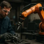 Robot a človek spolupracujúci v priemyselnej výrobe.