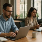 Zamestnanci pracujúci na hybridnej práci v modernom kancelárskom prostredí