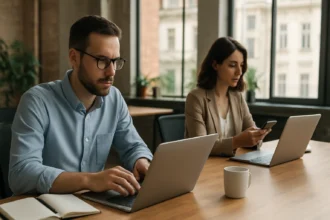 Zamestnanci pracujúci na hybridnej práci v modernom kancelárskom prostredí