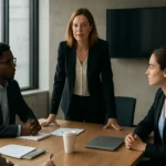 Žena vo vedení diskutuje na stretnutí s kolegami.