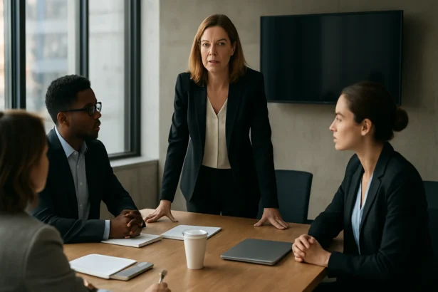 Žena vo vedení diskutuje na stretnutí s kolegami.