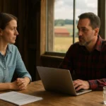 Dve osoby diskutujú o vidieckom trhu práce s laptopom a dokumentmi.
