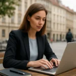 Žena pracujúca na laptopu v mestskom prostredí