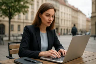 Žena pracujúca na laptopu v mestskom prostredí